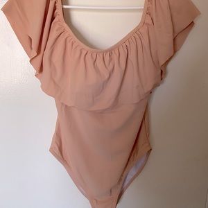 Blush off the shoulder one piece swimsuit